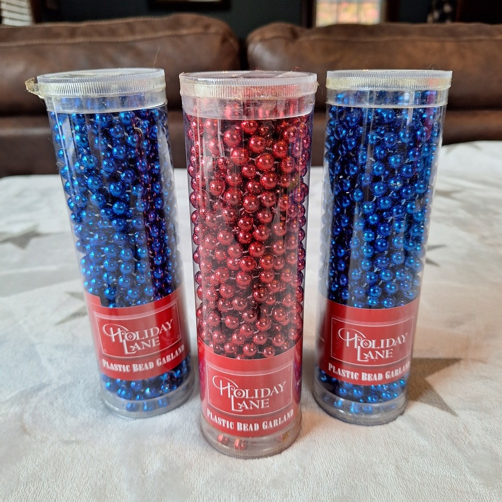 Vintage Set of 3‎ 30 Foot Plastic Bead Garlands Holiday Lane 2 Blue 1 Red